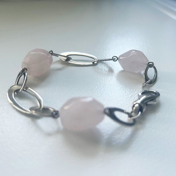 Large Rose Quartz stones and Sterling Silver oval link bracelet - Picture 3 of 5